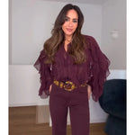 Blusa Feminina Chiffon com Babados Manga Longa Elegante, Leve e Sofisticada