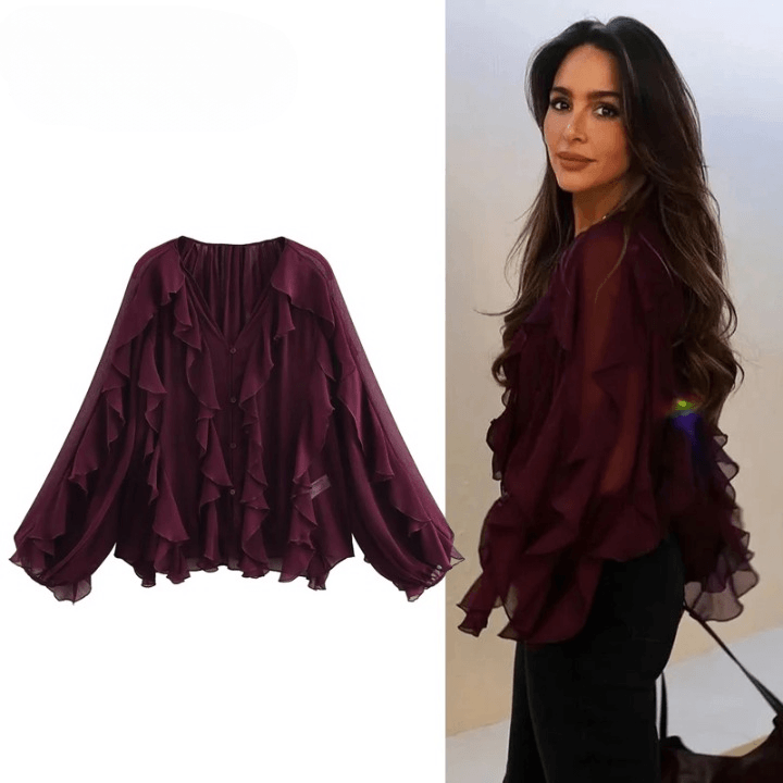 Blusa Feminina Chiffon com Babados Manga Longa Elegante, Leve e Sofisticada