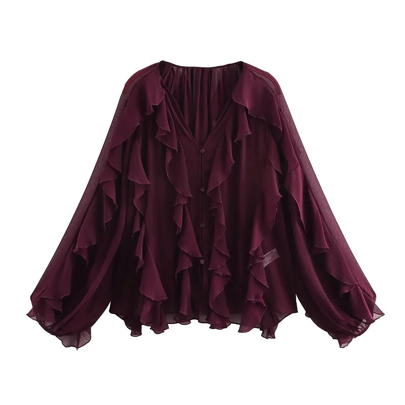 Blusa Feminina Chiffon com Babados Manga Longa Elegante, Leve e Sofisticada