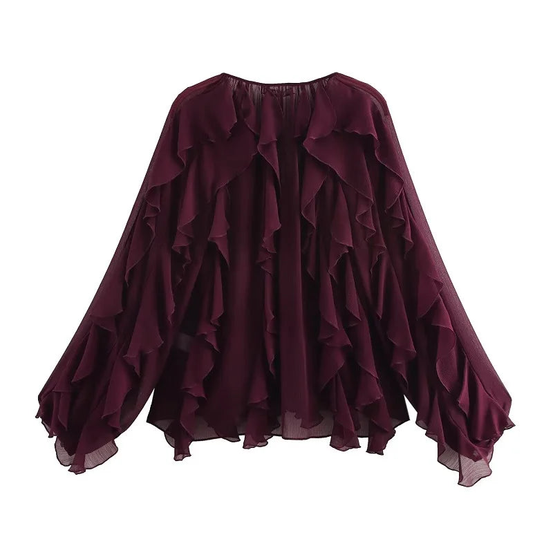 Blusa Feminina Chiffon com Babados Manga Longa Elegante, Leve e Sofisticada