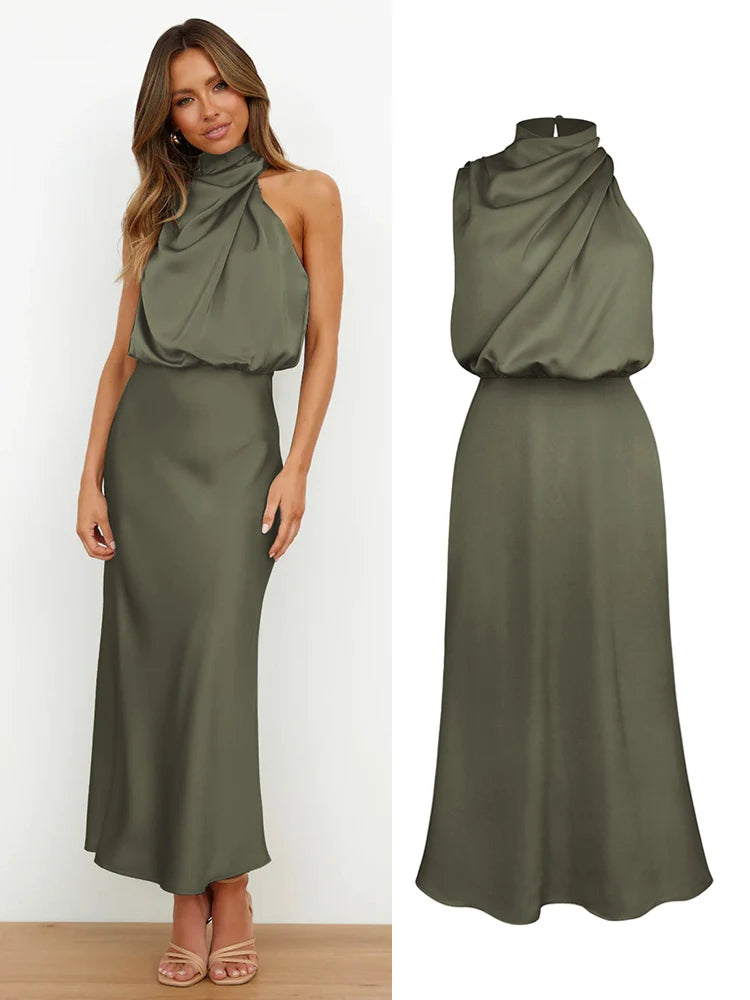 Vestido Feminino Midi Preto em Cetim com Gola Alta e Drapeado