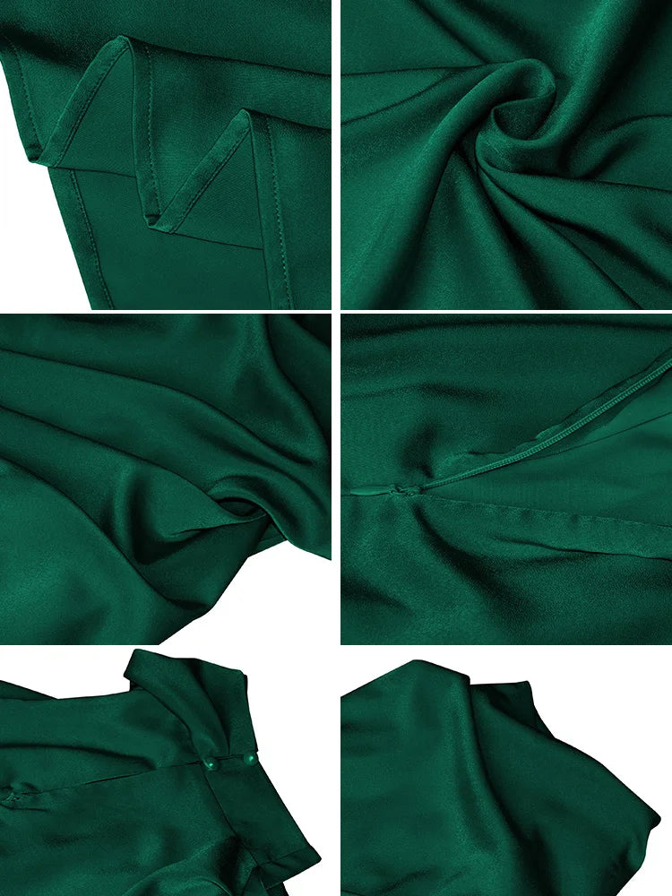 Vestido Feminino Midi Preto em Cetim com Gola Alta e Drapeado