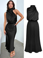 Vestido Feminino Midi Preto em Cetim com Gola Alta e Drapeado