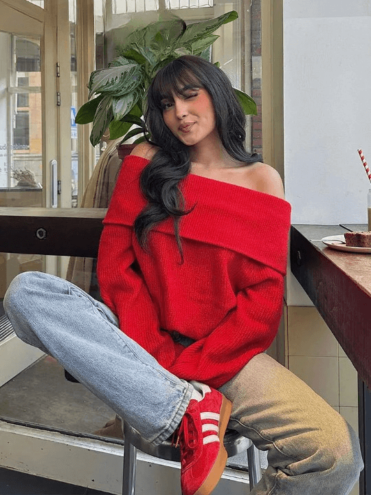 Vestido Suéter Ombro a Ombro Feminino Tricô, Oversized Quentinho e Estiloso