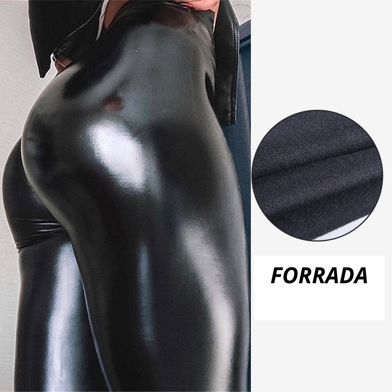 Calça Legging em Couro Fake Feminina Alta Elasticidade Cintura Alta e Brilho Elegante