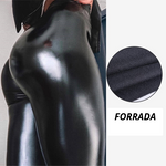 Calça Legging em Couro Fake Feminina Alta Elasticidade Cintura Alta e Brilho Elegante