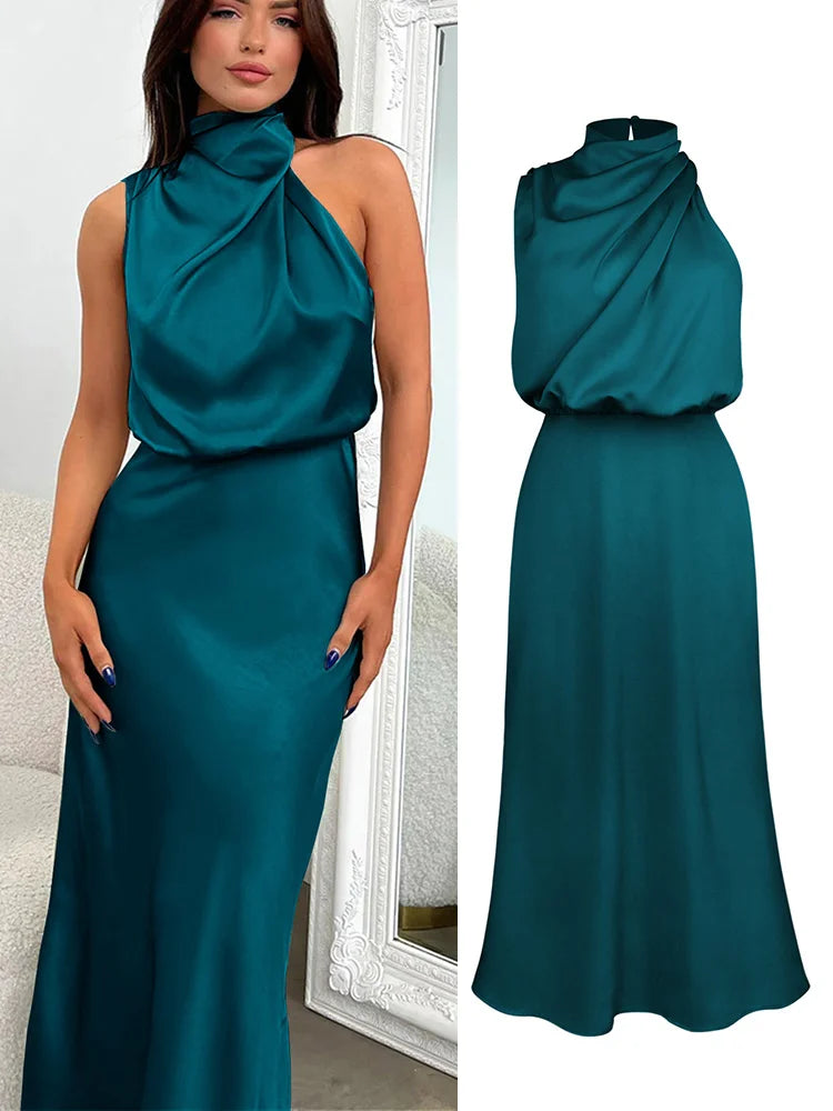 Vestido Feminino Midi Preto em Cetim com Gola Alta e Drapeado