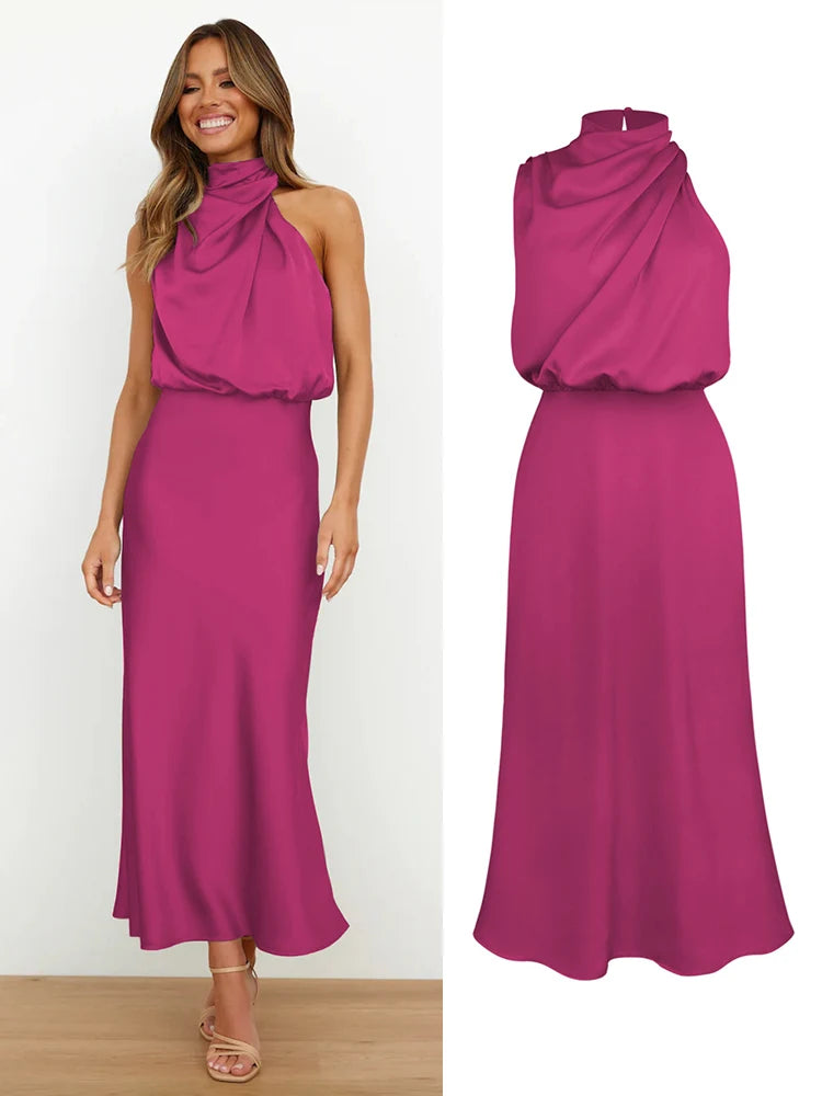 Vestido Feminino Midi Preto em Cetim com Gola Alta e Drapeado