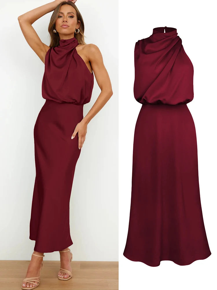 Vestido Feminino Midi Preto em Cetim com Gola Alta e Drapeado