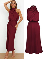 Vestido Feminino Midi Preto em Cetim com Gola Alta e Drapeado