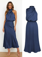 Vestido Feminino Midi Preto em Cetim com Gola Alta e Drapeado