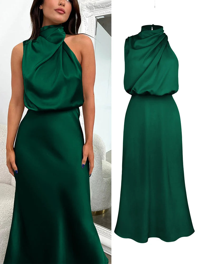 Vestido Feminino Midi Preto em Cetim com Gola Alta e Drapeado