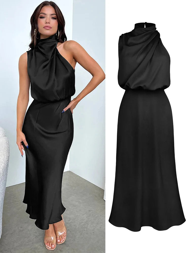 Vestido Feminino Midi Preto em Cetim com Gola Alta e Drapeado