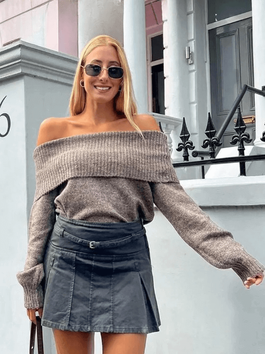 Vestido Suéter Ombro a Ombro Feminino Tricô, Oversized Quentinho e Estiloso